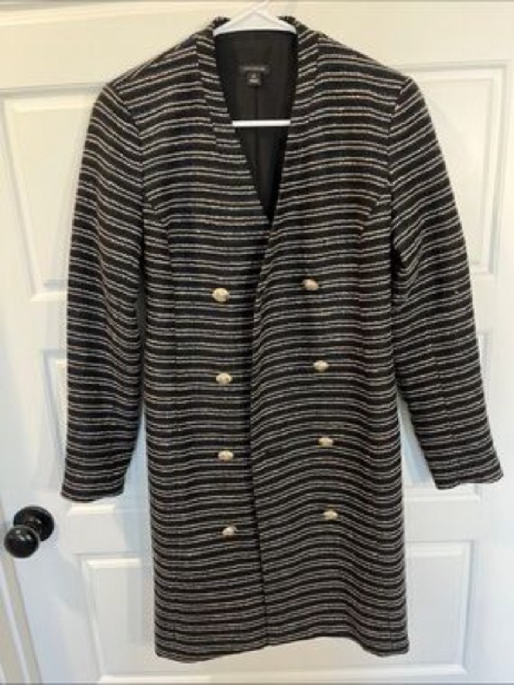 Ann Taylor Black and White Striped Double-Breasted Pea Coat